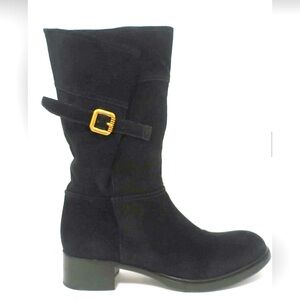 EUC Prada black suede fold over Combat Boots w/ gold buckle W 38.5